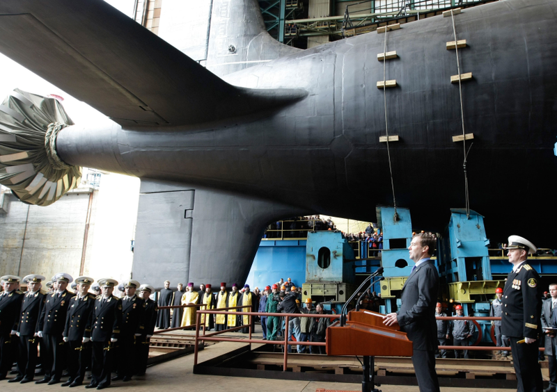 Russian President Dmitry Medvedev, second right, speaks at a launching ceremony of the Severodvinsk, 2010. Note shrouded propeller.